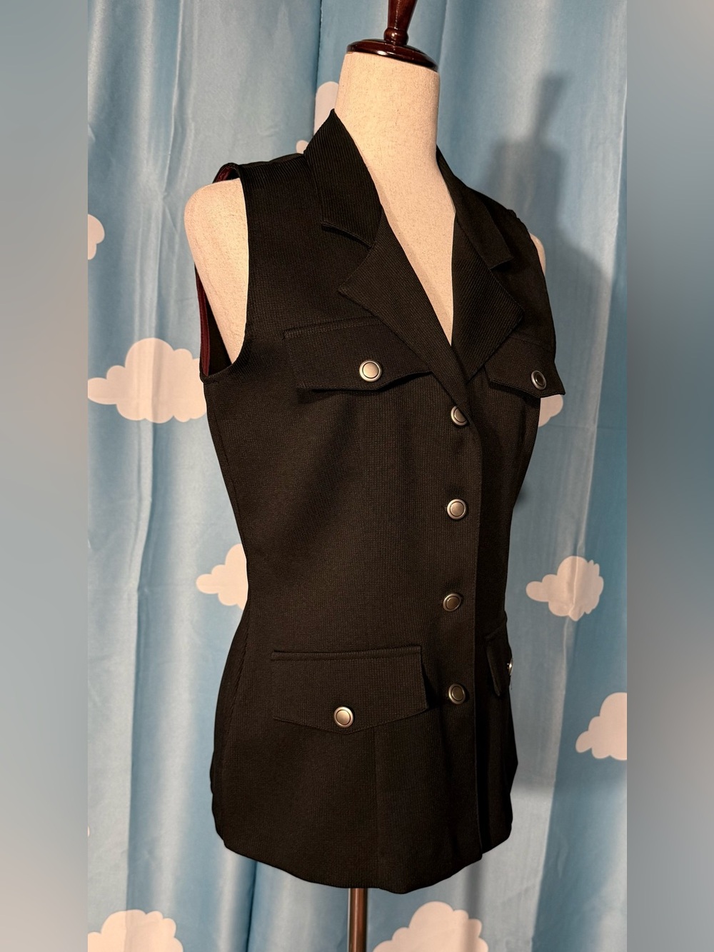 Vintage ribbed polyester vest waistcoat, shirt, button pockets. 18.5" PTP